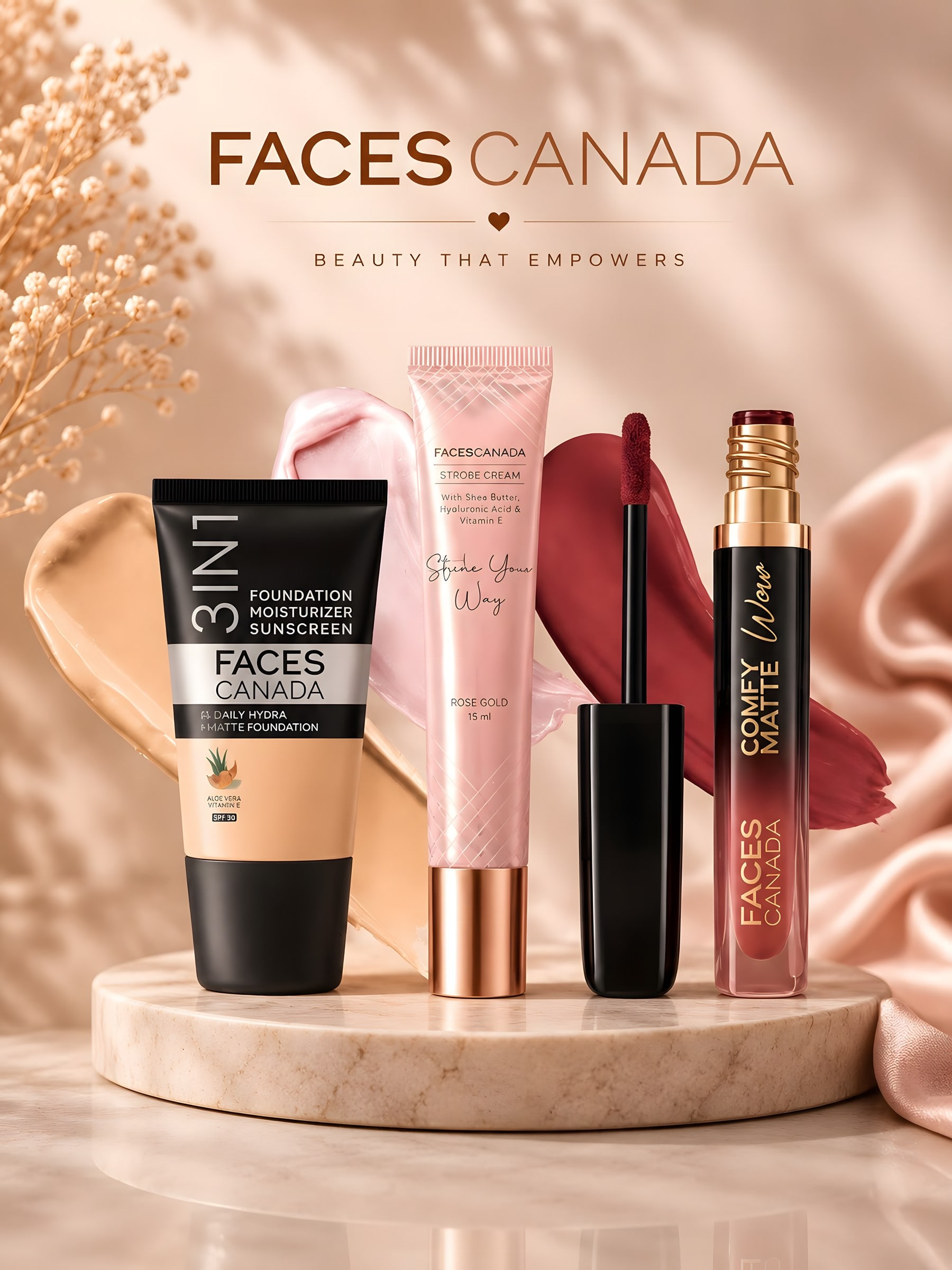 Faces Canada 3-in-1 foundation, Strobe Cream and Comfy Matte liquid lipstick on a marble podium