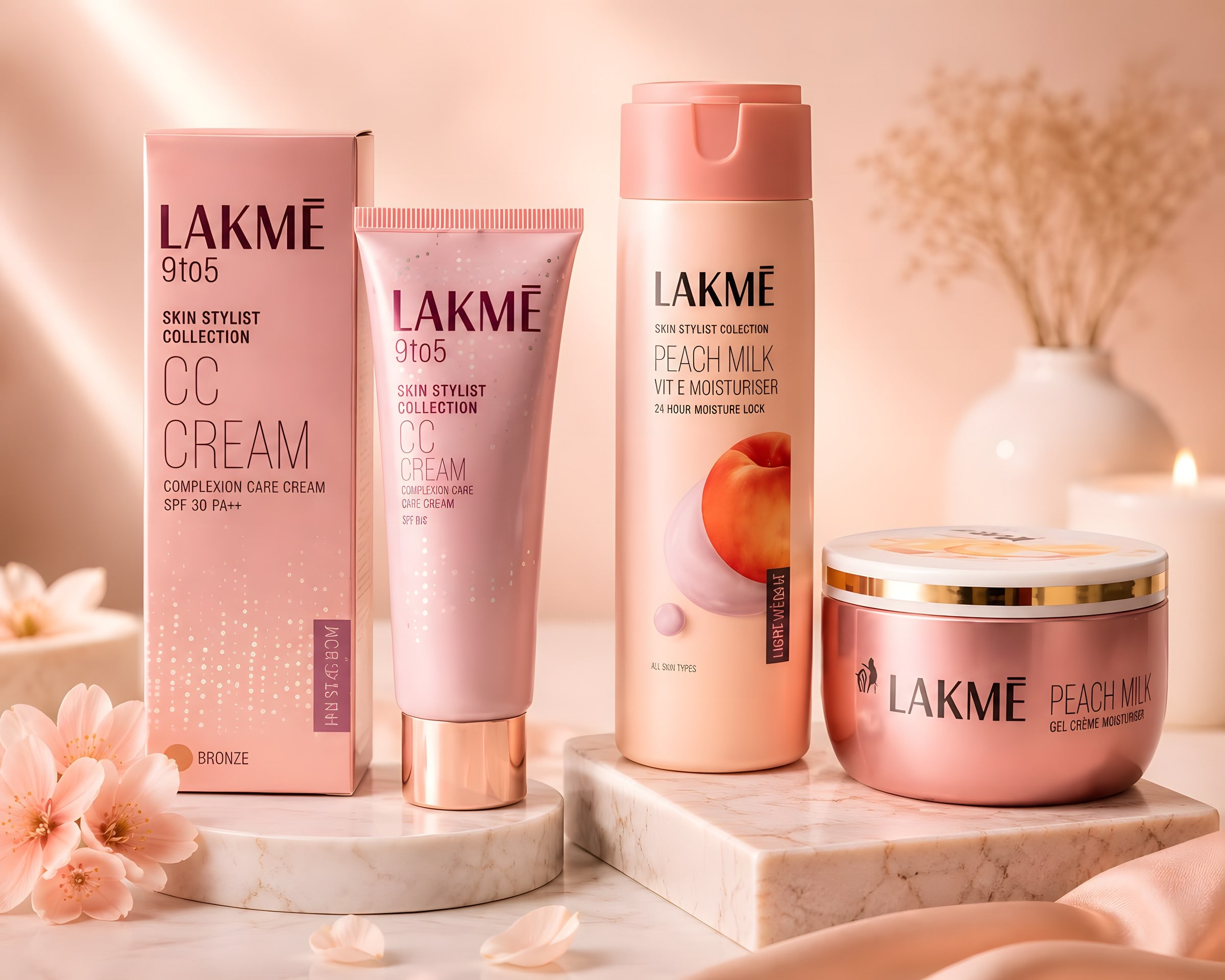 Lakmé 9to5 CC Cream and Peach Milk moisturisers with peach blossoms