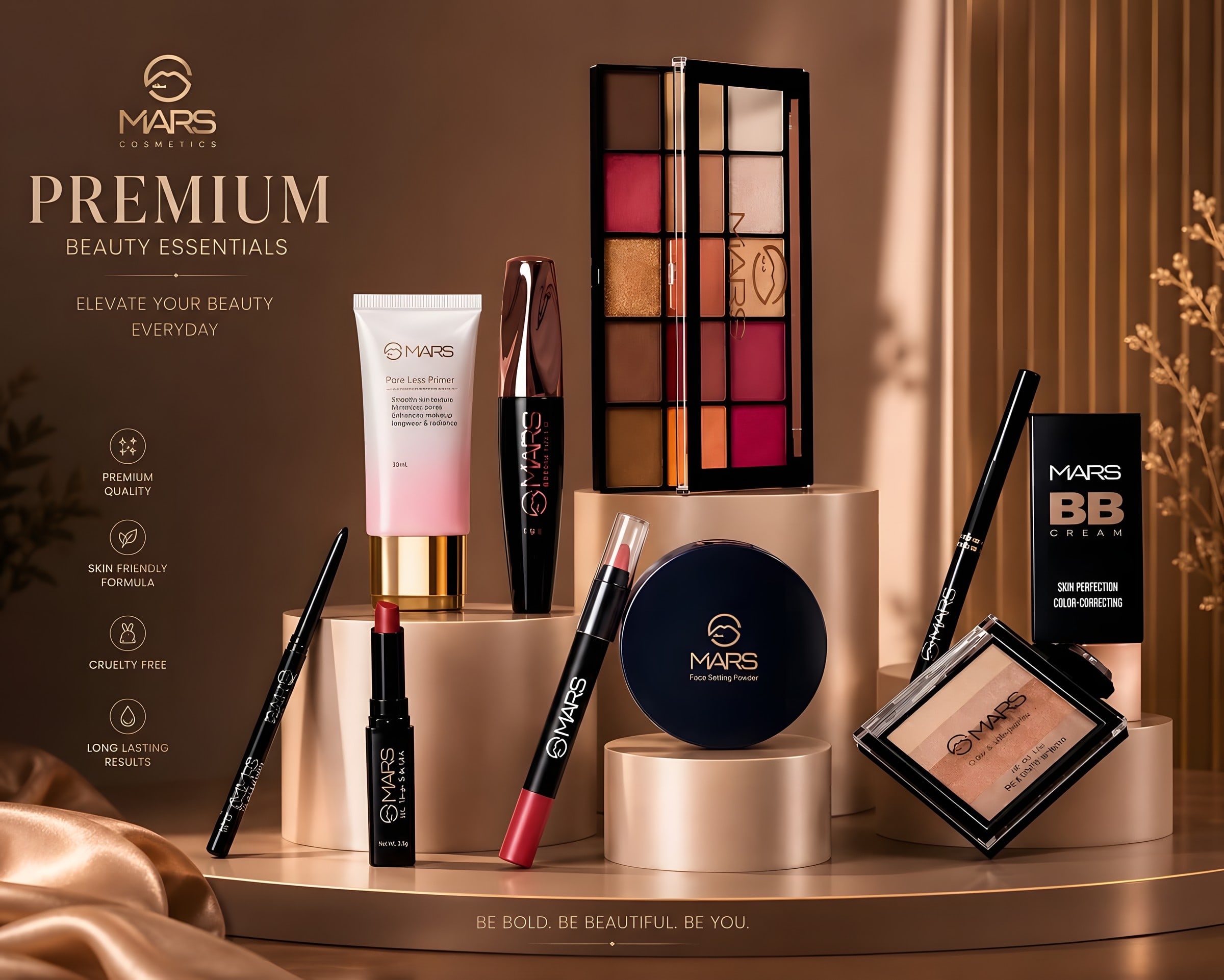 MARS eyeshadow palette, primer, BB cream, lipsticks and setting powder on gold podiums
